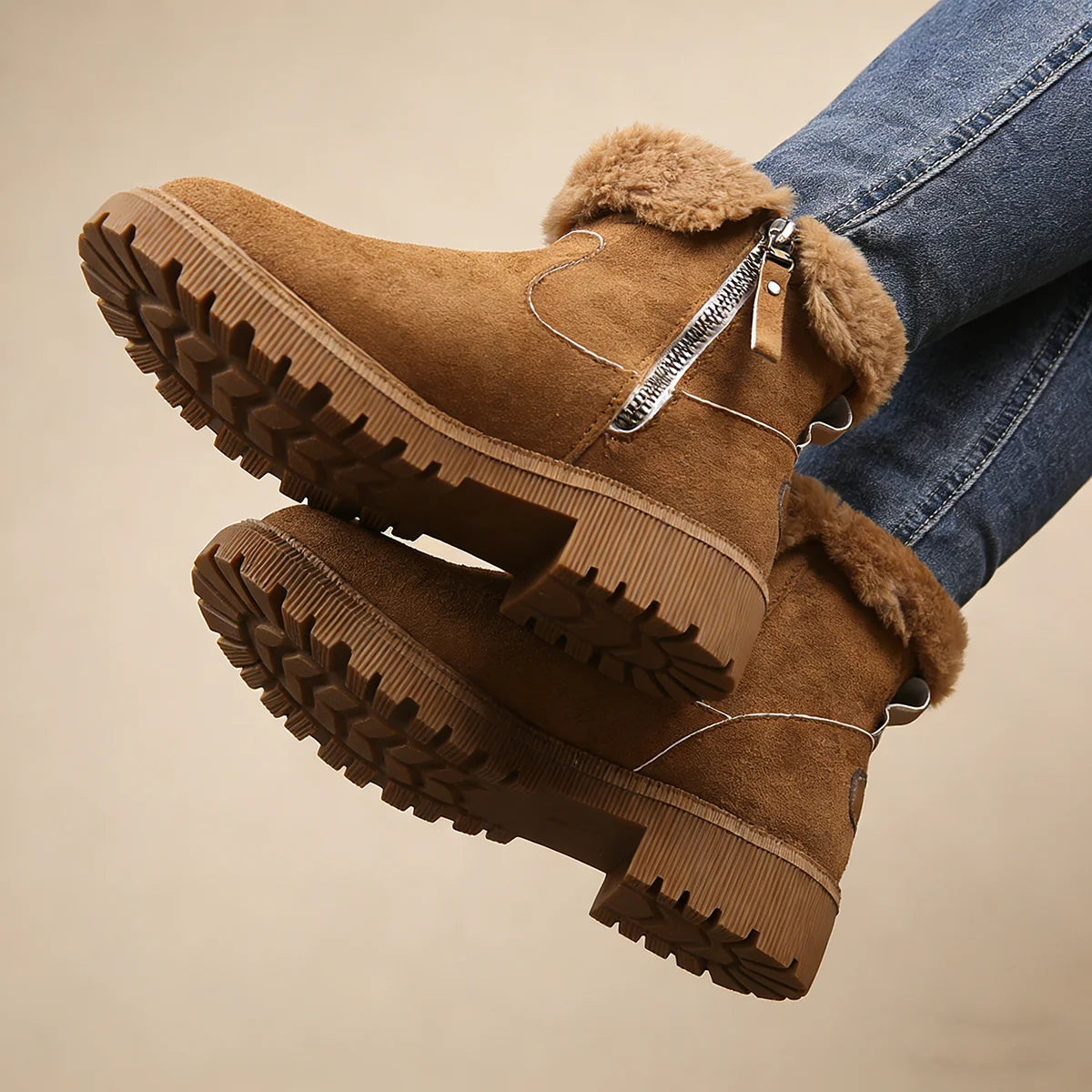 Women Snow Boots 2026 Winter New Solid Color Plush Zipper Thick Bottom Anti Slip Warm Cold Proof Cotton Shoes Snow Boots