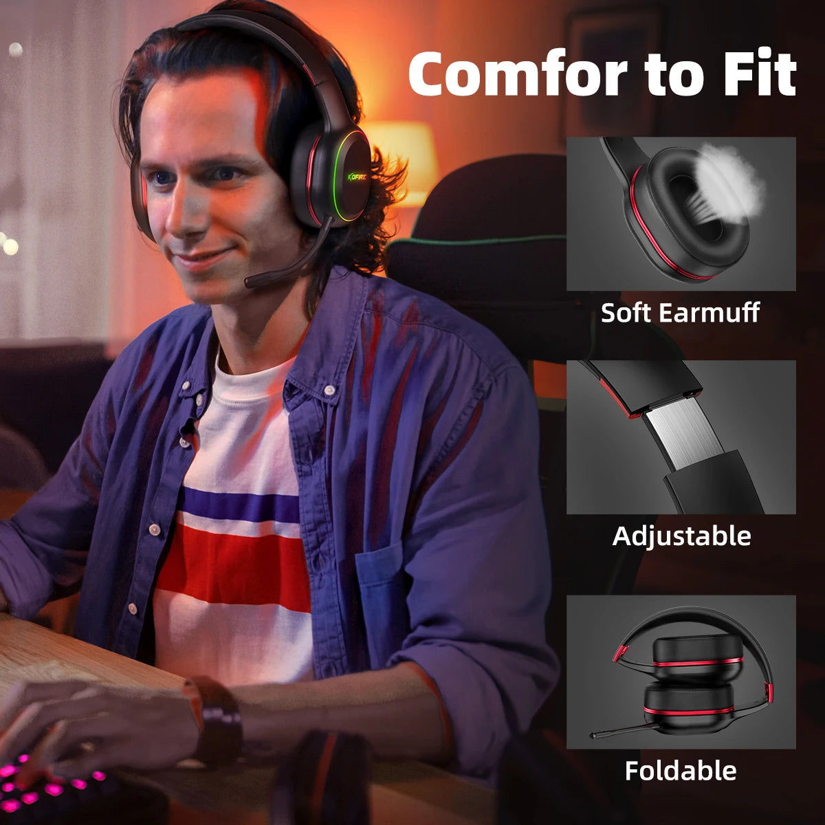 Kofire UG-05 Gaming Headphones 2.4G BT5.0 Wireless Headset With Mic RBG Light Vibration Bluetooth Earphone For PS4 PS5 PC Switch