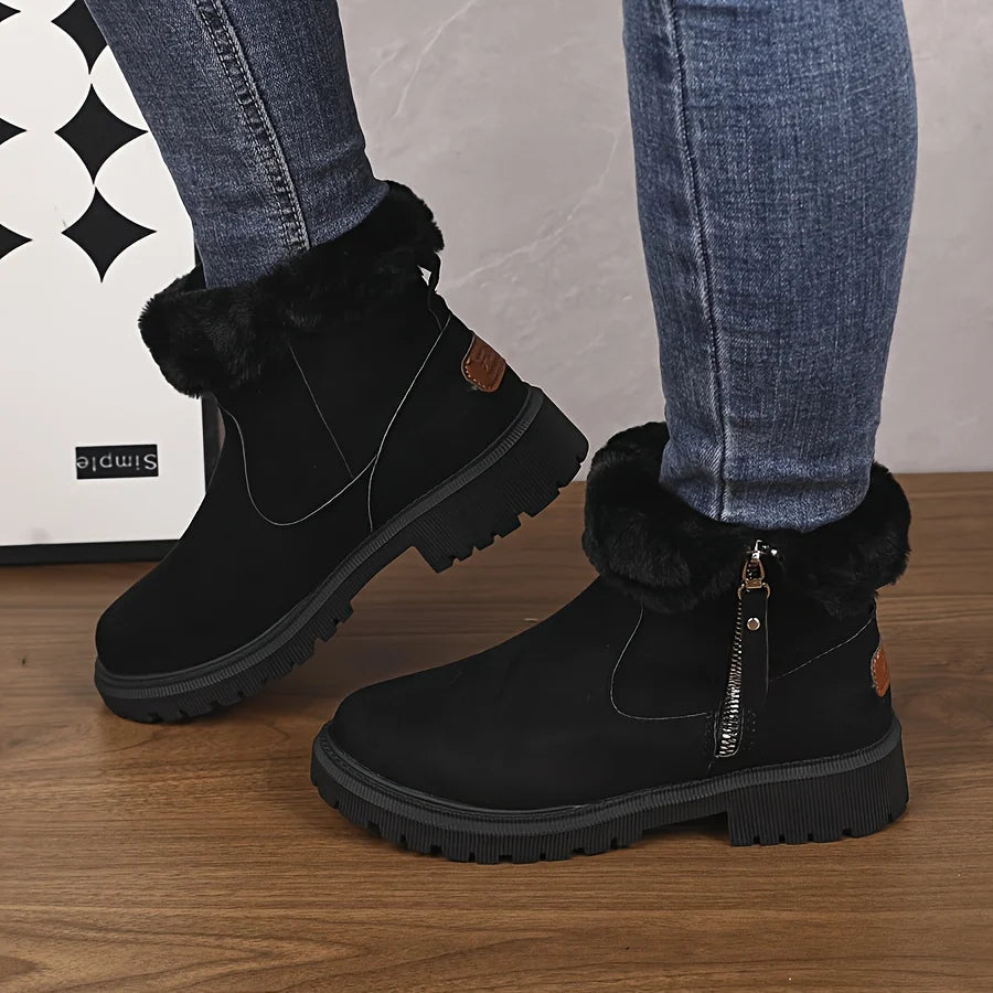 Women Snow Boots 2026 Winter New Solid Color Plush Zipper Thick Bottom Anti Slip Warm Cold Proof Cotton Shoes Snow Boots