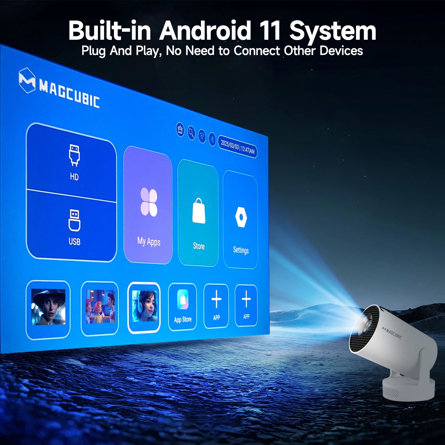 Magcubic HY300 Pro + Projector 4K 720P With 5W Speaker Android 11 8000 Lumens WiFi 6 BT5.4 Outdoor Video Home Theater Projector