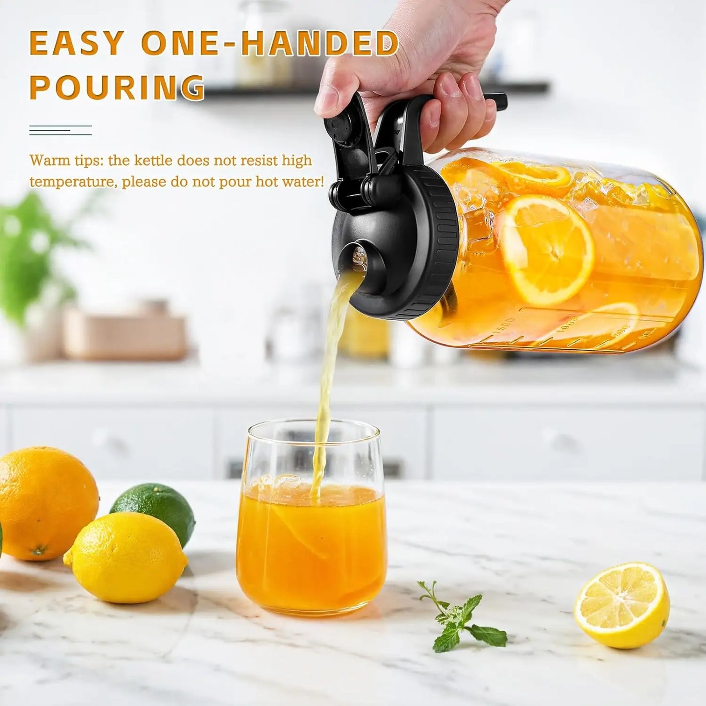 2-piece 64 ounce glass Mason jar kettle with lid and handle, outdoor sun tea kettle, refrigerator ice tea kettle, used for maki