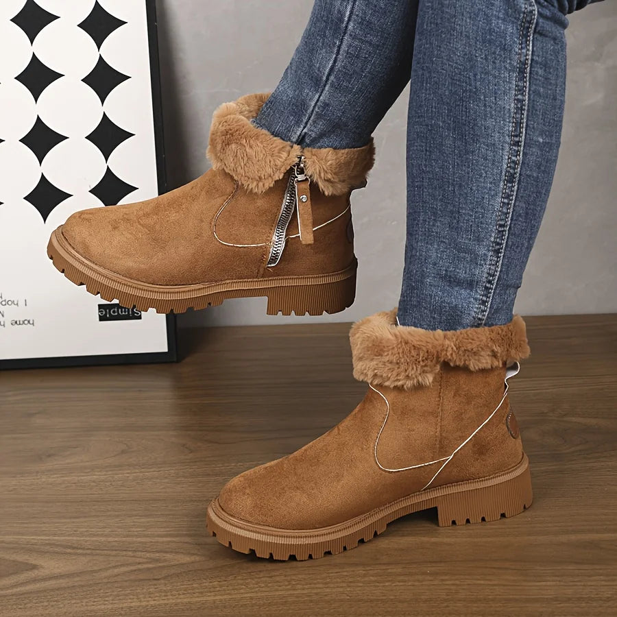 Women Snow Boots 2026 Winter New Solid Color Plush Zipper Thick Bottom Anti Slip Warm Cold Proof Cotton Shoes Snow Boots