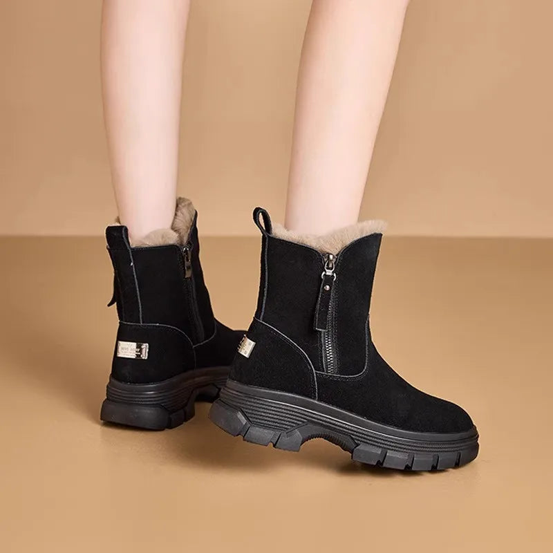 Women Snow Boots 2026 Winter New Solid Color Plush Zipper Thick Bottom Anti Slip Warm Cold Proof Cotton Shoes Snow Boots