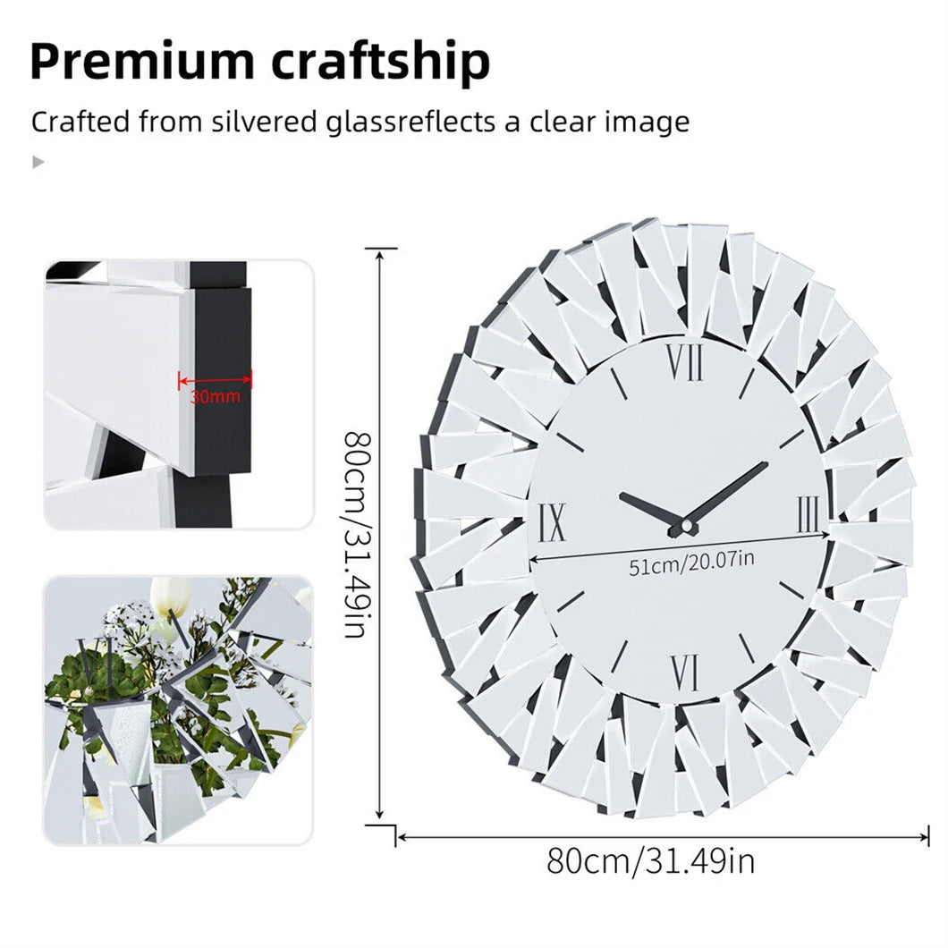 Large Wall Clock 3D Mirrored Clocks Sunburst Edge 32"/80CM Round Roman Numeral Modern Living Room Dining Room Fireplace Decor