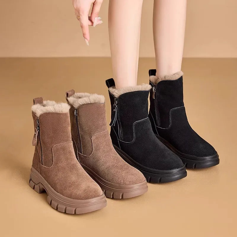 Women Snow Boots 2026 Winter New Solid Color Plush Zipper Thick Bottom Anti Slip Warm Cold Proof Cotton Shoes Snow Boots