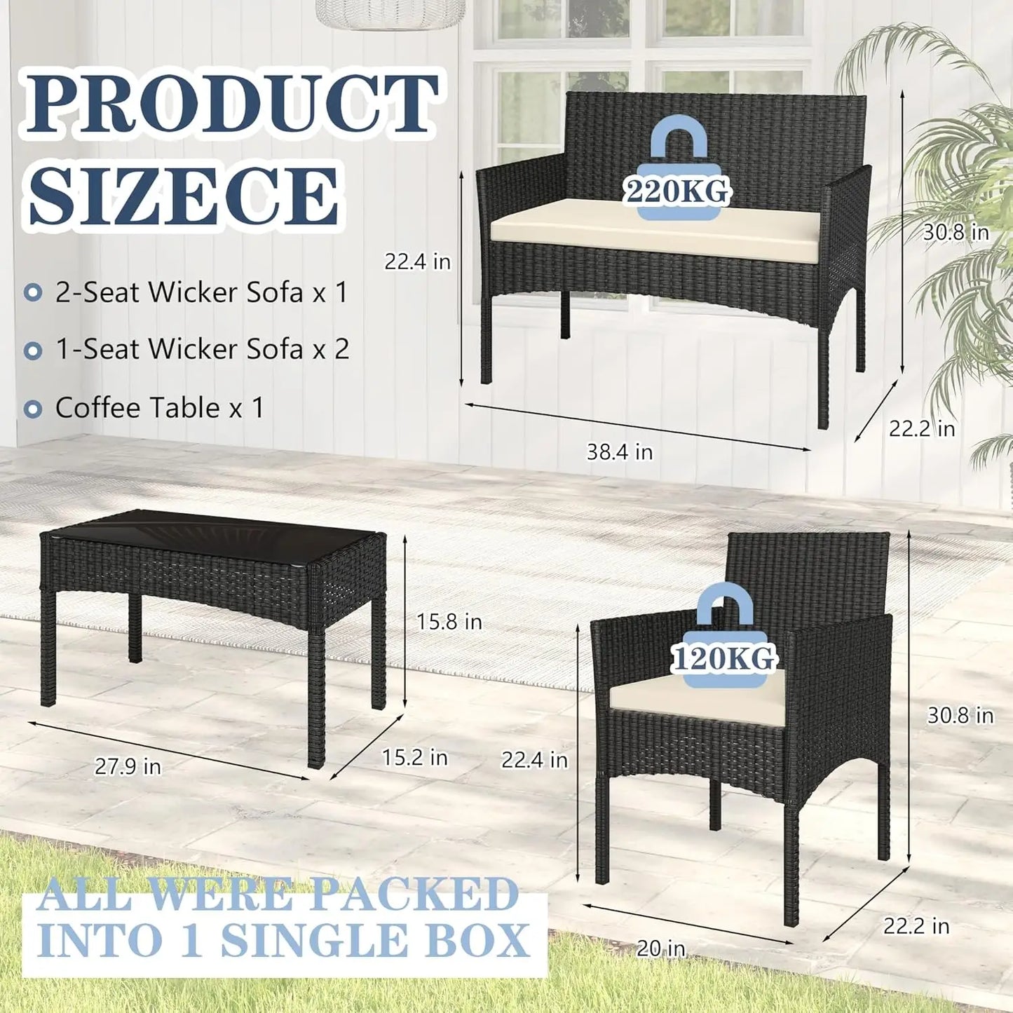 4 Pieces Patio Furniture Set, Outdoor Wicker Rattan Patio Conversation Furniture Set with Waterproof Cushion and Table